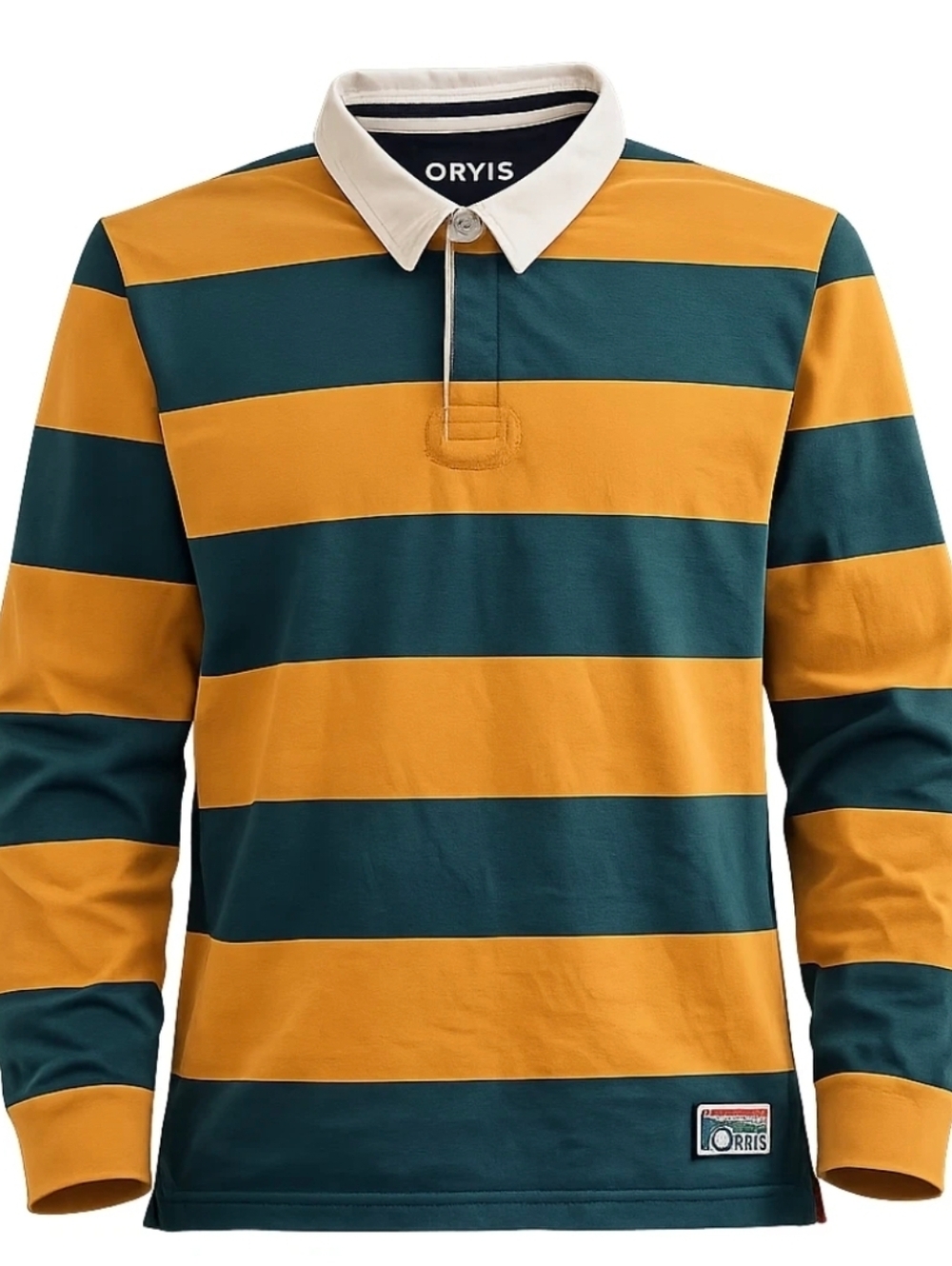 Orvis Polo Rugby Shirt Mens L Striped Green Yellow Collared 100% Cotton